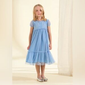 ANGEL & ROCKET Luisa Blue Embroidered Yolk Mesh Dress